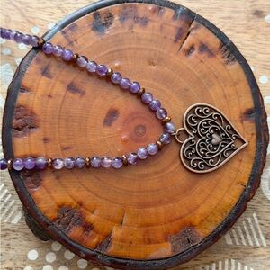 New Sparkly Amethyst Beaded Necklace With Copper Filigree Heart Pendant